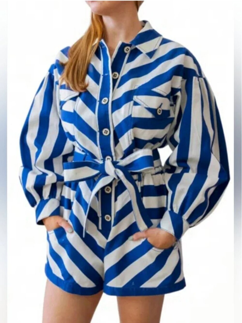Farm Rio Cotton Blue White Striped Romper Long Sleeves size L - Picture 2 of 7